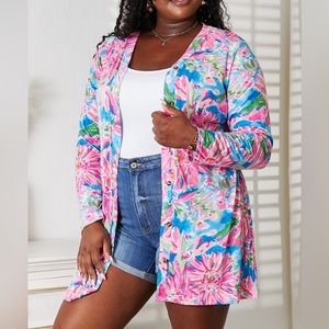 Double Take Full Size Checkered Tie Front Long Sleeve Cardigan